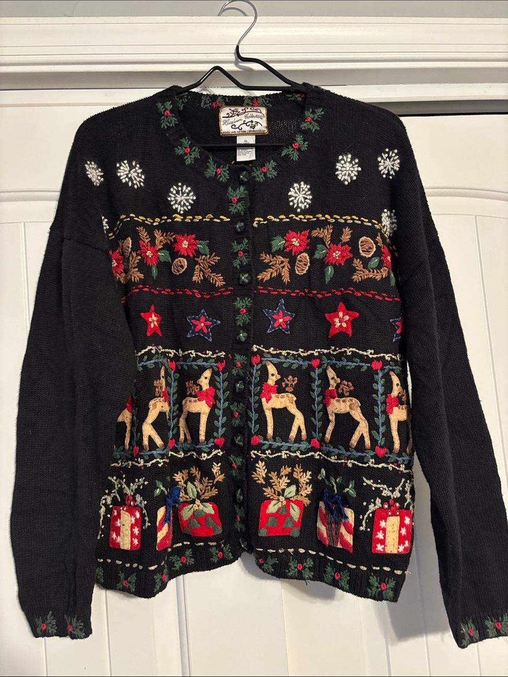 Black Holiday Embroidered Cardigan Sweater with Festive Motifs